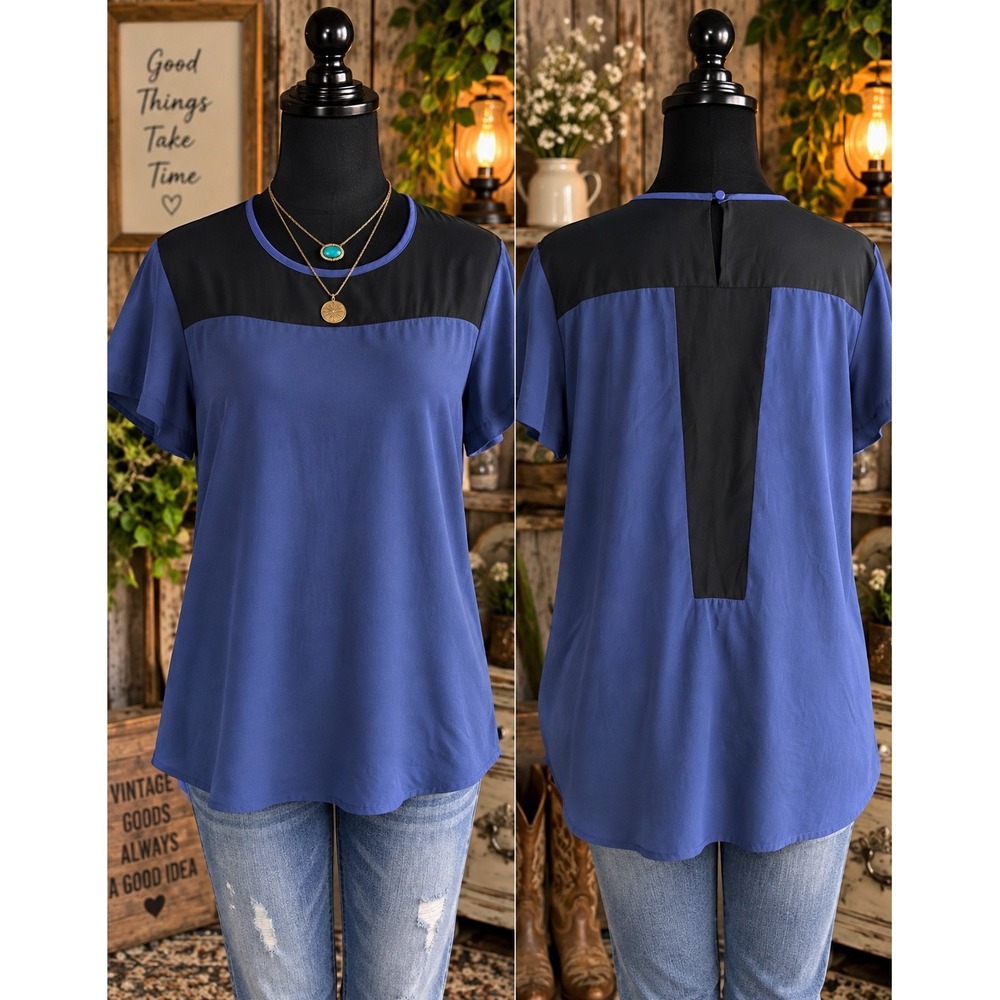 Mossimo Colorblock Blouse XL Blue Black Short Sleeve Crew Neck Top